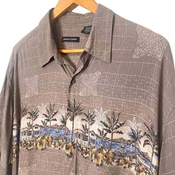 Vintage Pierre Cardin Rayon Tiki MCM Hawaiian Palm Tree Short Sleeve Shirt XL - Picture 2 of 8